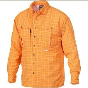Drake Wingshooter Sun Shirt‎ Men's Medium Orange Plaid Fishing Vented Pockets